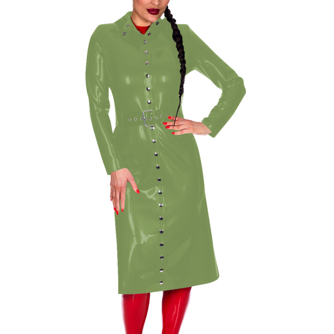 Women Button-Up Long Sleeve Fashion Coat with Belt Look Faux Latex Trench Coat Chic Midi Dress Banquet Venue Gown Winter Clothes