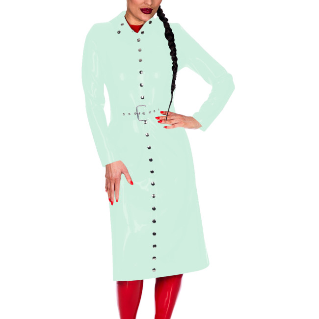 Women Button-Up Long Sleeve Fashion Coat with Belt Look Faux Latex Trench Coat Chic Midi Dress Banquet Venue Gown Winter Clothes