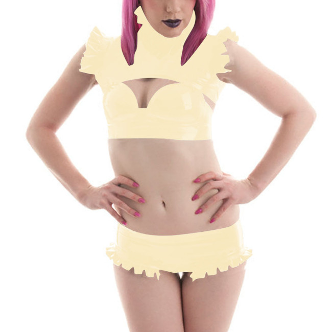 Women Sexy 3Pcs Set Lingerie Fashion Frill Bolero+brassiere+ruffled Short Pant Sexy Cosplay Costume Shiny PVC Leather Crop Tops