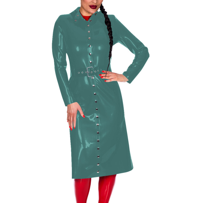 Women Button-Up Long Sleeve Fashion Coat with Belt Look Faux Latex Trench Coat Chic Midi Dress Banquet Venue Gown Winter Clothes