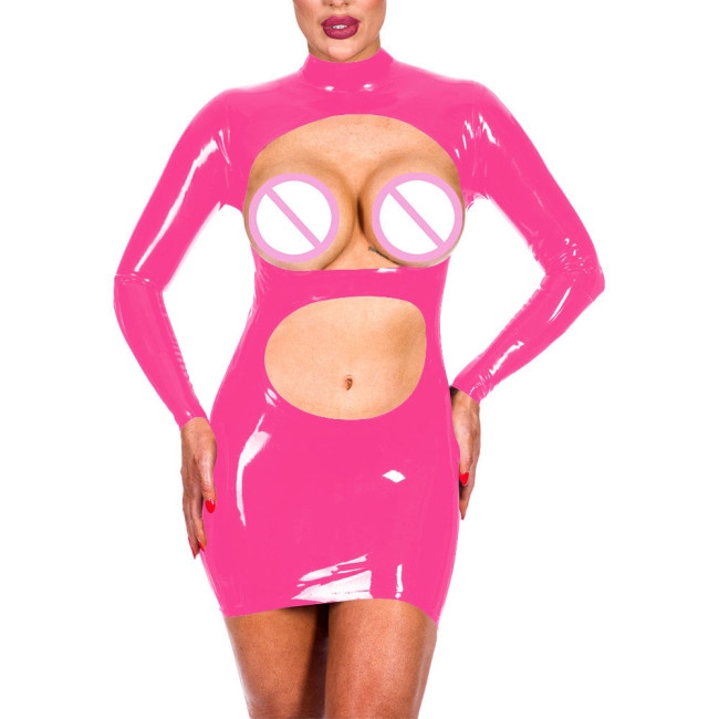 Erotic Temptation Women Shiny PVC Leather Sexy Open Bust Crop Mini Dress Exotic Spanking Long Sleeve High Neck Bodycon Dress 7XL