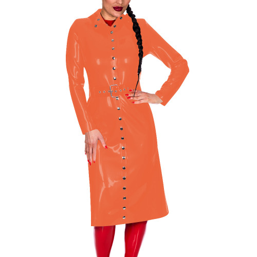 Women Button-Up Long Sleeve Fashion Coat with Belt Look Faux Latex Trench Coat Chic Midi Dress Banquet Venue Gown Winter Clothes