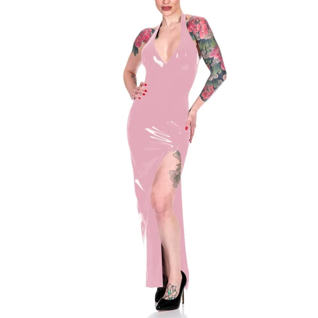 Fashion Halter High Split Maxi Dress for Women Elegant Sleeveless V-neck Sheath Dress Wrap Hips Bodycon Robe Banquet Venue Gown