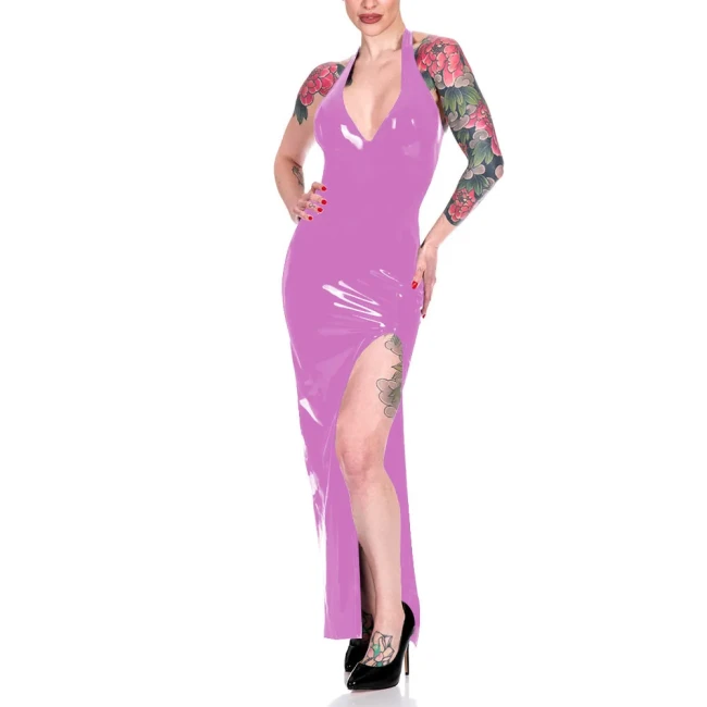 Fashion Halter High Split Maxi Dress for Women Elegant Sleeveless V-neck Sheath Dress Wrap Hips Bodycon Robe Banquet Venue Gown