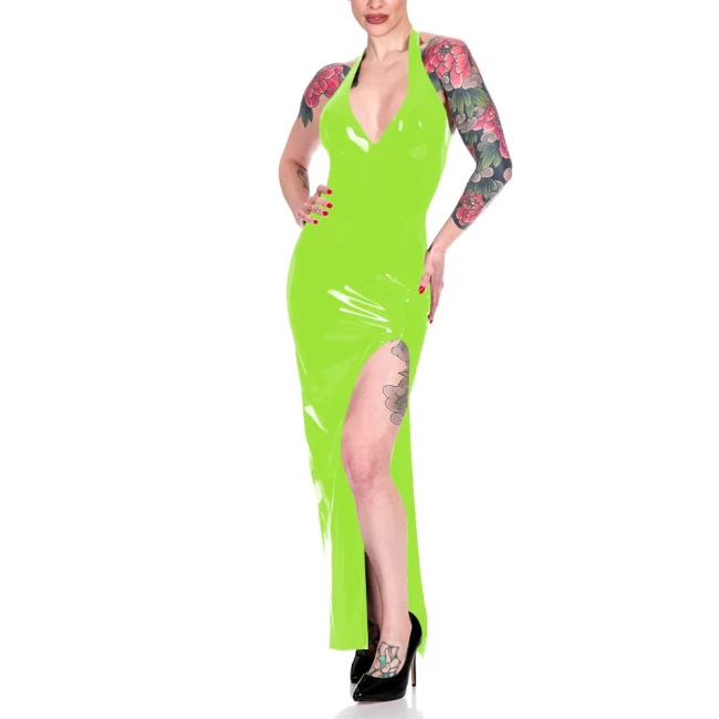 Fashion Halter High Split Maxi Dress for Women Elegant Sleeveless V-neck Sheath Dress Wrap Hips Bodycon Robe Banquet Venue Gown