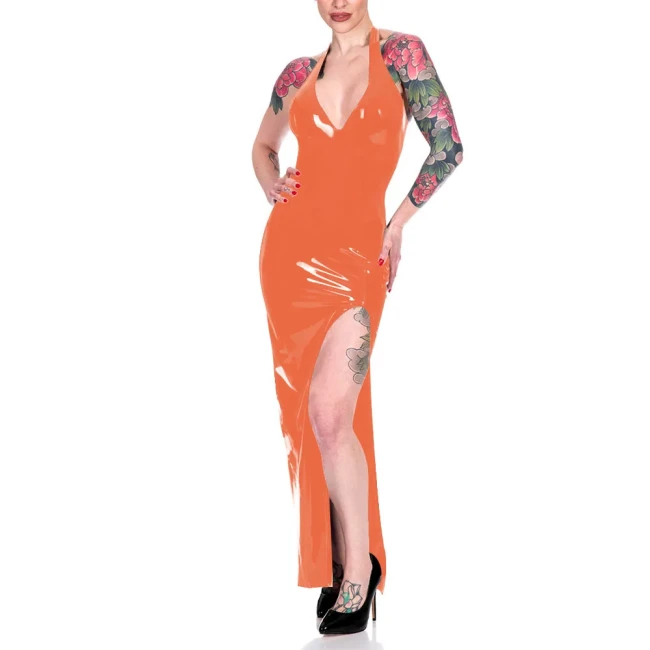 Fashion Halter High Split Maxi Dress for Women Elegant Sleeveless V-neck Sheath Dress Wrap Hips Bodycon Robe Banquet Venue Gown