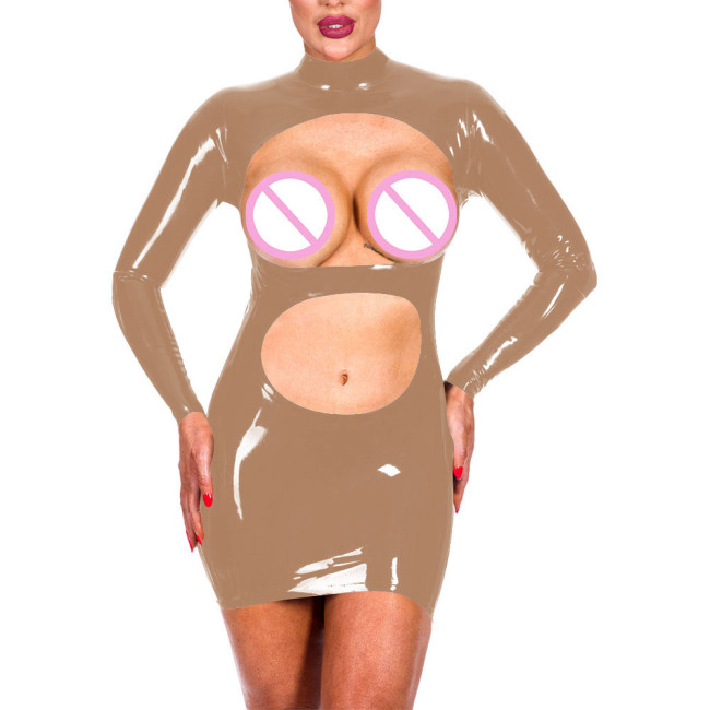 Erotic Temptation Women Shiny PVC Leather Sexy Open Bust Crop Mini Dress Exotic Spanking Long Sleeve High Neck Bodycon Dress 7XL