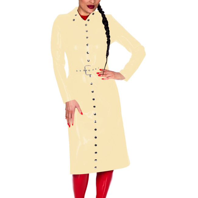 Women Button-Up Long Sleeve Fashion Coat with Belt Look Faux Latex Trench Coat Chic Midi Dress Banquet Venue Gown Winter Clothes