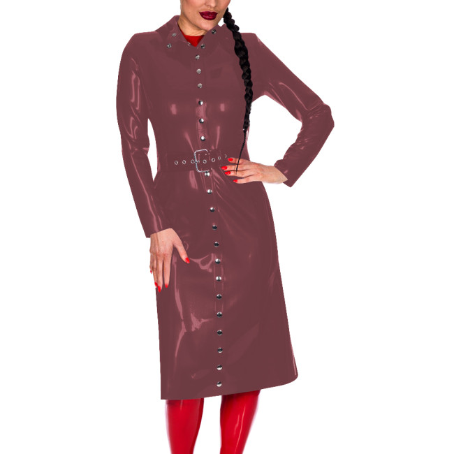 Women Button-Up Long Sleeve Fashion Coat with Belt Look Faux Latex Trench Coat Chic Midi Dress Banquet Venue Gown Winter Clothes