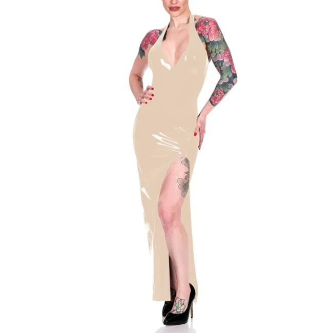 Fashion Halter High Split Maxi Dress for Women Elegant Sleeveless V-neck Sheath Dress Wrap Hips Bodycon Robe Banquet Venue Gown