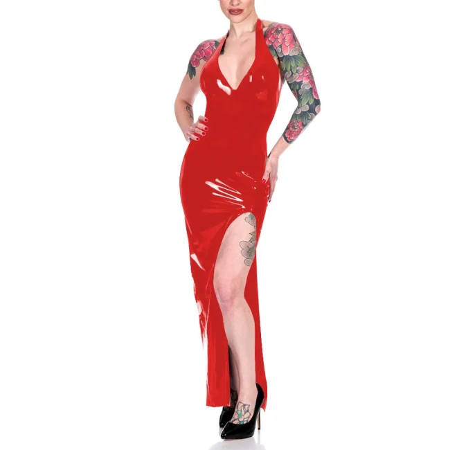 Fashion Halter High Split Maxi Dress for Women Elegant Sleeveless V-neck Sheath Dress Wrap Hips Bodycon Robe Banquet Venue Gown