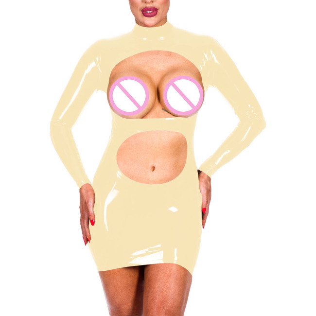 Erotic Temptation Women Shiny PVC Leather Sexy Open Bust Crop Mini Dress Exotic Spanking Long Sleeve High Neck Bodycon Dress 7XL