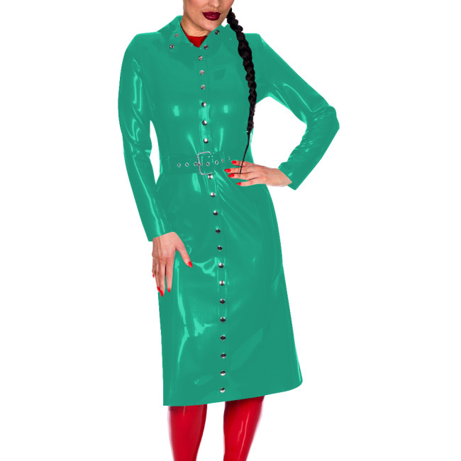 Women Button-Up Long Sleeve Fashion Coat with Belt Look Faux Latex Trench Coat Chic Midi Dress Banquet Venue Gown Winter Clothes