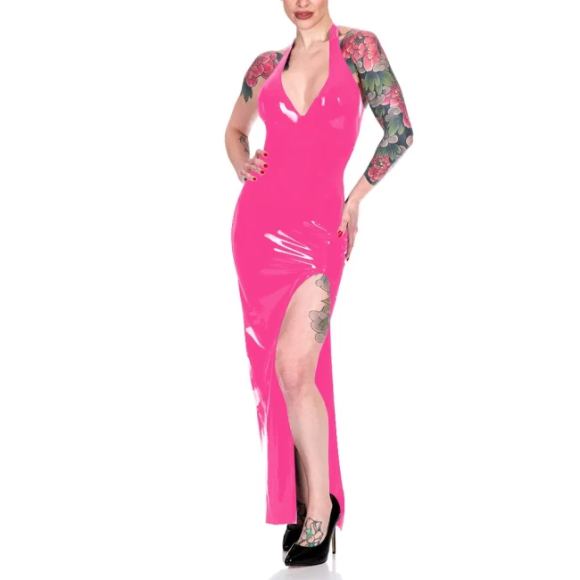 Fashion Halter High Split Maxi Dress for Women Elegant Sleeveless V-neck Sheath Dress Wrap Hips Bodycon Robe Banquet Venue Gown
