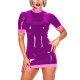 Sexy Wet Look Patchwork Mini Dress Mock Neck Glossy PVC Leather Tight Dresses Exotic Dance Night Clubwear Short Sleeved Vestidos
