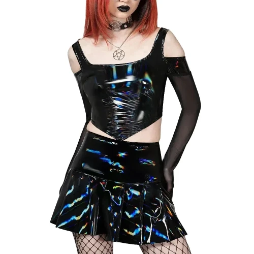 Plus Size Two Piece Set Women Sexy Costume Vinyl PVC Leather Crop Top and A-line Mini Skirt Set Sissy Fetish Clothing Streetwear