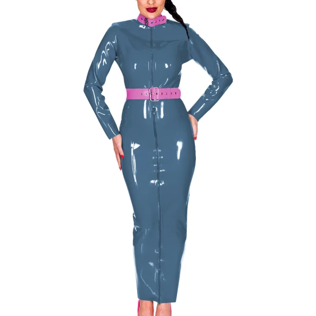 Wetlook PU Leather Women Maxi Dress Exotic Belted Turtleneck Long Sleeve Slim Long Hobble Dress with Fornt Zipper Party Clubwear