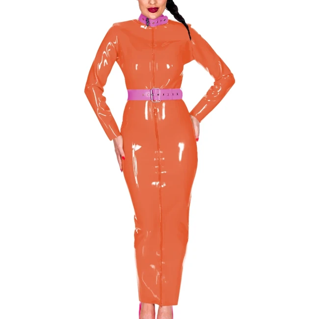 Wetlook PU Leather Women Maxi Dress Exotic Belted Turtleneck Long Sleeve Slim Long Hobble Dress with Fornt Zipper Party Clubwear