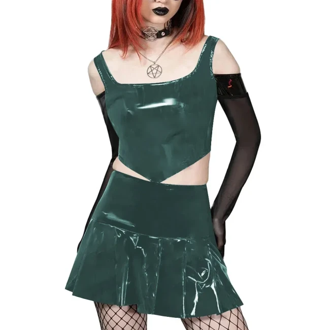 Plus Size Two Piece Set Women Sexy Costume Vinyl PVC Leather Crop Top and A-line Mini Skirt Set Sissy Fetish Clothing Streetwear