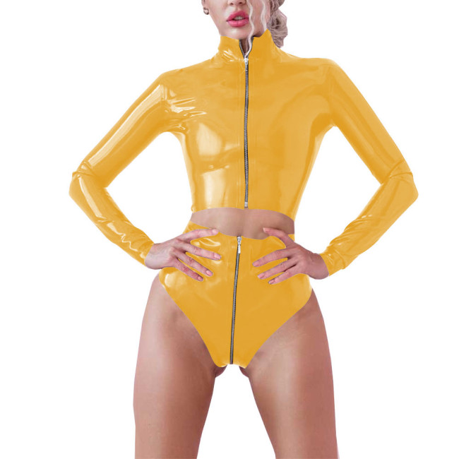 Fetish PVC Sexy Two Piece Shorts Sets Shiny PVC Leather Front Zipper Long Sleeve Tops Bodycon Shorts Party Stage Performance