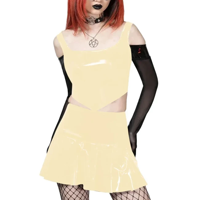 Plus Size Two Piece Set Women Sexy Costume Vinyl PVC Leather Crop Top and A-line Mini Skirt Set Sissy Fetish Clothing Streetwear