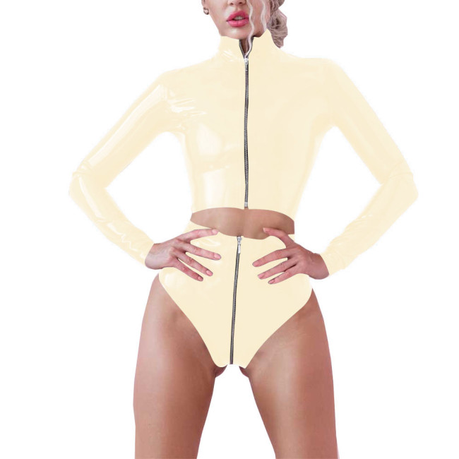 Fetish PVC Sexy Two Piece Shorts Sets Shiny PVC Leather Front Zipper Long Sleeve Tops Bodycon Shorts Party Stage Performance