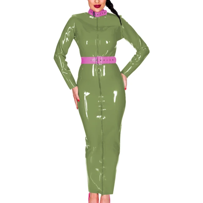 Wetlook PU Leather Women Maxi Dress Exotic Belted Turtleneck Long Sleeve Slim Long Hobble Dress with Fornt Zipper Party Clubwear
