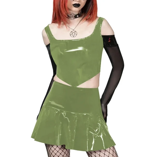 Plus Size Two Piece Set Women Sexy Costume Vinyl PVC Leather Crop Top and A-line Mini Skirt Set Sissy Fetish Clothing Streetwear