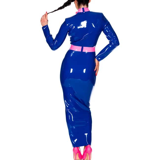 Wetlook PU Leather Women Maxi Dress Exotic Belted Turtleneck Long Sleeve Slim Long Hobble Dress with Fornt Zipper Party Clubwear