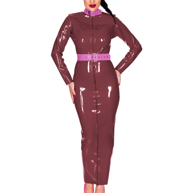 Wetlook PU Leather Women Maxi Dress Exotic Belted Turtleneck Long Sleeve Slim Long Hobble Dress with Fornt Zipper Party Clubwear