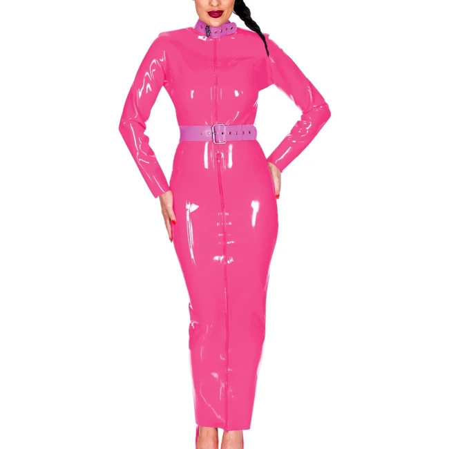 Wetlook PU Leather Women Maxi Dress Exotic Belted Turtleneck Long Sleeve Slim Long Hobble Dress with Fornt Zipper Party Clubwear
