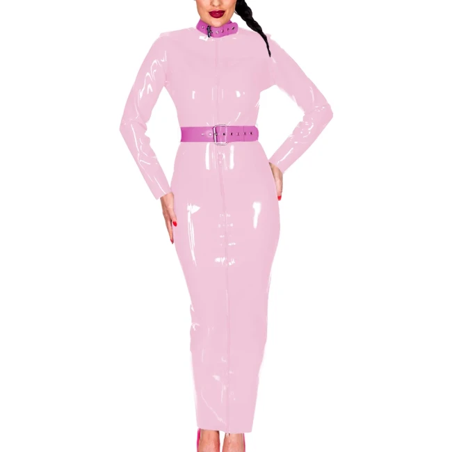 Wetlook PU Leather Women Maxi Dress Exotic Belted Turtleneck Long Sleeve Slim Long Hobble Dress with Fornt Zipper Party Clubwear