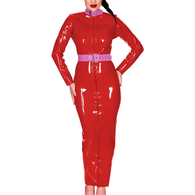 Wetlook PU Leather Women Maxi Dress Exotic Belted Turtleneck Long Sleeve Slim Long Hobble Dress with Fornt Zipper Party Clubwear