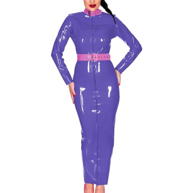 Wetlook PU Leather Women Maxi Dress Exotic Belted Turtleneck Long Sleeve Slim Long Hobble Dress with Fornt Zipper Party Clubwear