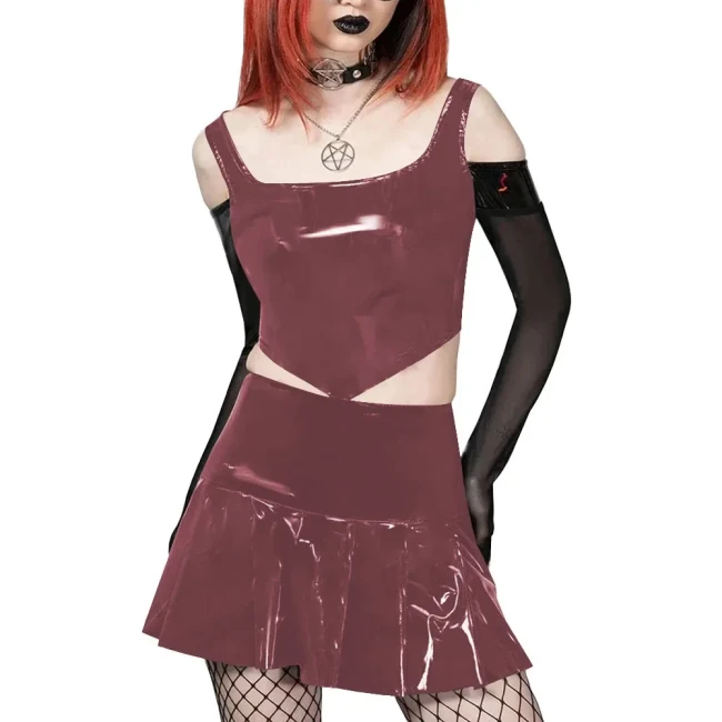 Plus Size Two Piece Set Women Sexy Costume Vinyl PVC Leather Crop Top and A-line Mini Skirt Set Sissy Fetish Clothing Streetwear