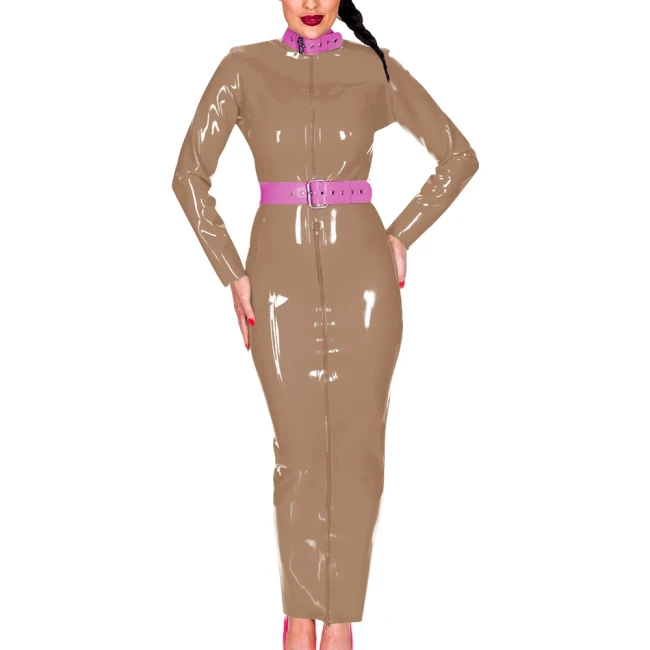 Wetlook PU Leather Women Maxi Dress Exotic Belted Turtleneck Long Sleeve Slim Long Hobble Dress with Fornt Zipper Party Clubwear