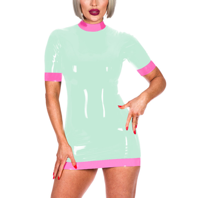 Sexy Wet Look Patchwork Mini Dress Mock Neck Glossy PVC Leather Tight Dresses Exotic Dance Night Clubwear Short Sleeved Vestidos