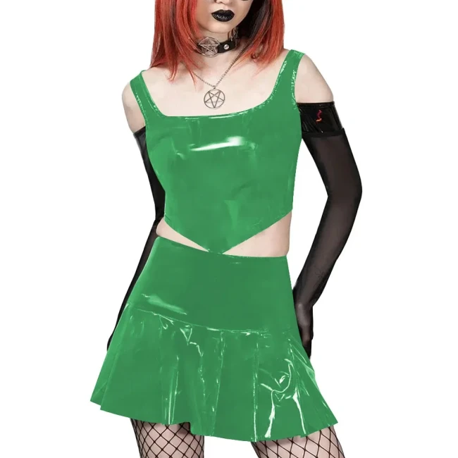 Plus Size Two Piece Set Women Sexy Costume Vinyl PVC Leather Crop Top and A-line Mini Skirt Set Sissy Fetish Clothing Streetwear