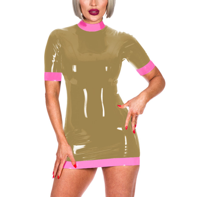 Sexy Wet Look Patchwork Mini Dress Mock Neck Glossy PVC Leather Tight Dresses Exotic Dance Night Clubwear Short Sleeved Vestidos