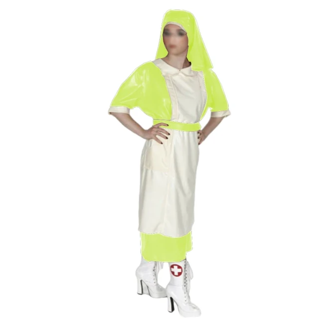 Halloween Party Doctor Nurse Cosplay Uniforms with Headscarf Unisex Shiny PVC Leather Button-up Back Long Dress Outfits Fetish