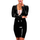 Fashion Sexy Lace-up Deep V-neck Skinny Mini Dress Long Sleeve Faxu Leather Package Hips Pencil Dress Daily Commuting Clothes