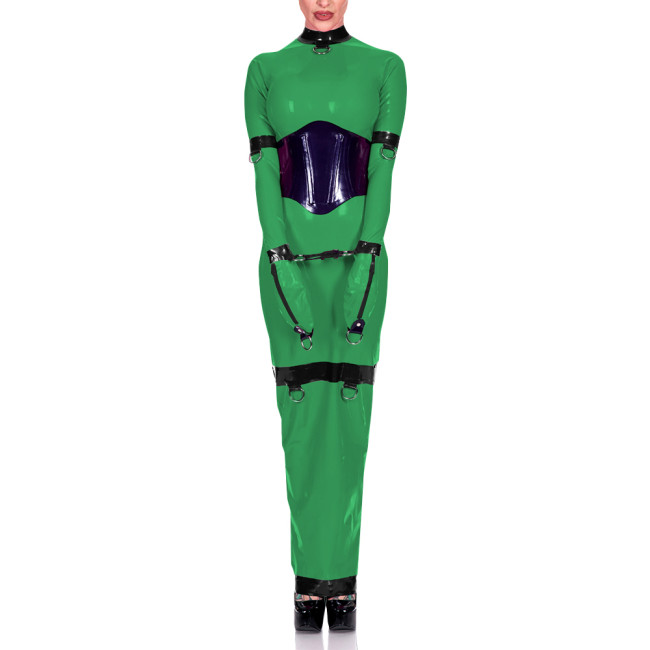 Sissy Exotic Patchwork Maxi Dress Trims with Ring Full Sleeve Mock Neck Women Bodycon Robe Arm Wrapped Sexy Fetish Clothes 8XL