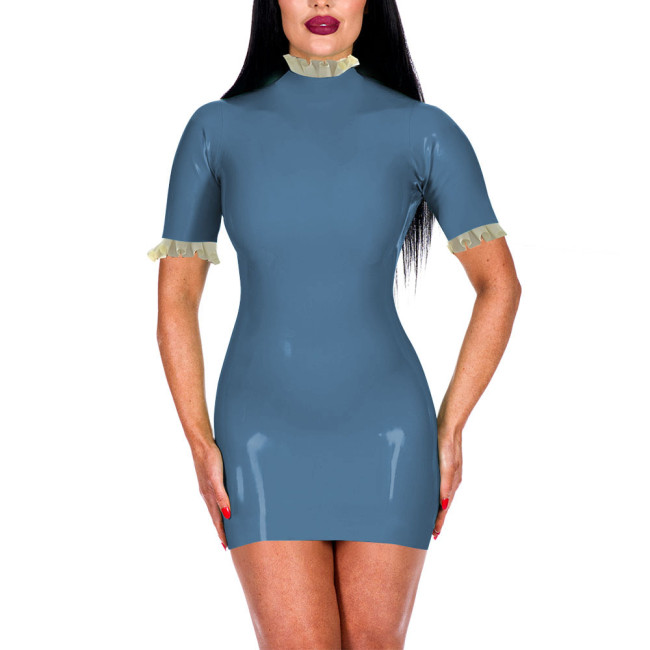 Turtleneck Ruffles Shiny PVC Leather Bodycon Dress for Women Sexy Short Sleeve Summer Dress Office Lady Hip Wrap Short Dresses