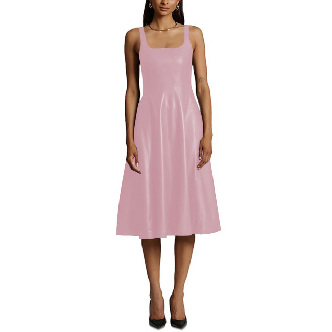 Sexy Sleeveless Midi Dress Matte PU Leather Women Casual A-line Pleated Dress Office Lady Square Collar Slim Fit Tank Dress