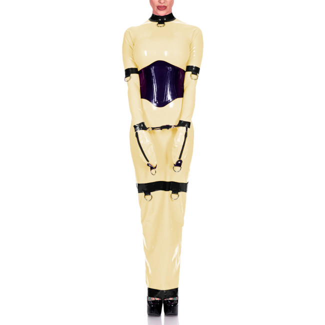 Sissy Exotic Patchwork Maxi Dress Trims with Ring Full Sleeve Mock Neck Women Bodycon Robe Arm Wrapped Sexy Fetish Clothes 8XL