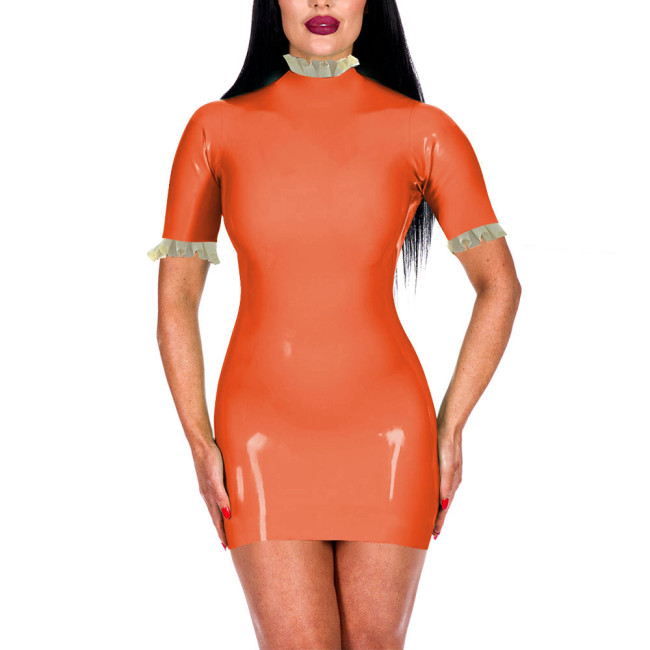 Turtleneck Ruffles Shiny PVC Leather Bodycon Dress for Women Sexy Short Sleeve Summer Dress Office Lady Hip Wrap Short Dresses
