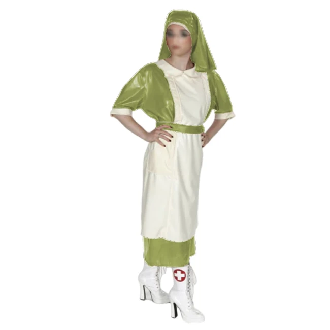 Halloween Party Doctor Nurse Cosplay Uniforms with Headscarf Unisex Shiny PVC Leather Button-up Back Long Dress Outfits Fetish