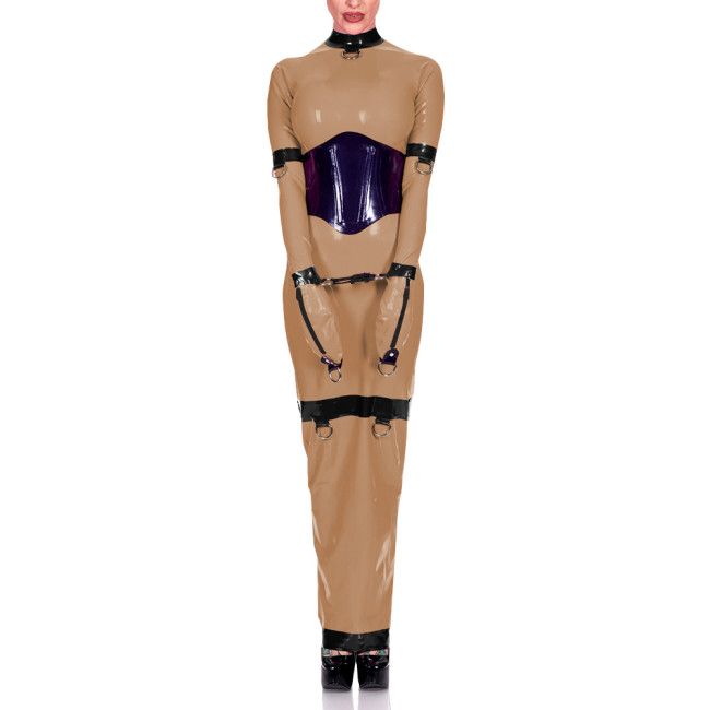 Sissy Exotic Patchwork Maxi Dress Trims with Ring Full Sleeve Mock Neck Women Bodycon Robe Arm Wrapped Sexy Fetish Clothes 8XL