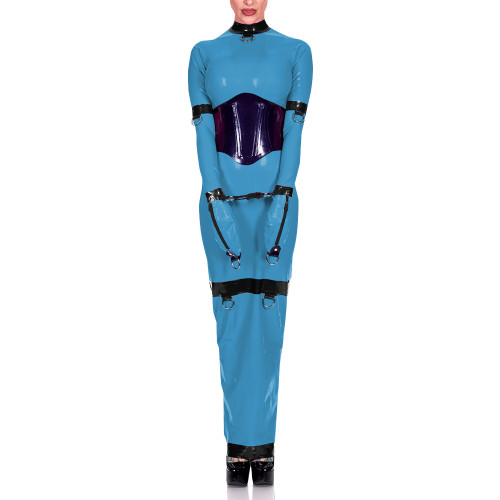 Sissy Exotic Patchwork Maxi Dress Trims with Ring Full Sleeve Mock Neck Women Bodycon Robe Arm Wrapped Sexy Fetish Clothes 8XL