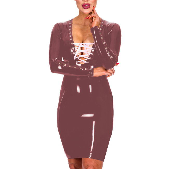 Fashion Sexy Lace-up Deep V-neck Skinny Mini Dress Long Sleeve Faxu Leather Package Hips Pencil Dress Daily Commuting Clothes